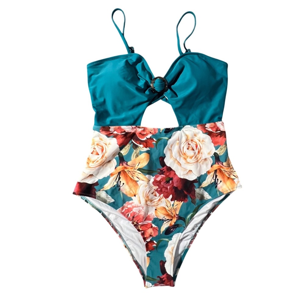 Cupshe One Piece Swimsuit Womens XL Teal Floral Cutout Ring Detail Monokini NWT